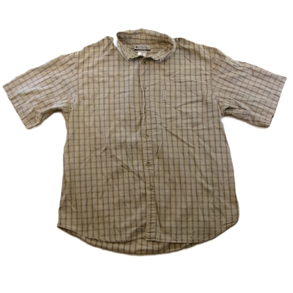 Columbia Plaid Button Down Mens XL Tan Short Sleeve AM7045 Cotton